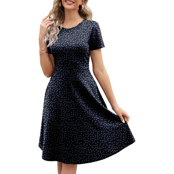 Dresses & Skirts - Women's Navy Dot Elegant Knee Length Vintage A-Line Swing Dress with Pockets